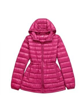 UNIQLO Pink Down Filled Packable Hooded Puffer Coat,  Draw string Waist  sz Med